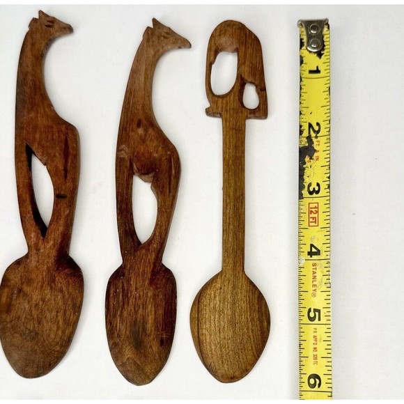 8 Wooden animal Carved Spoons Safari Animals Hand Carved Giraffe Elephant - Picture 9 of 10